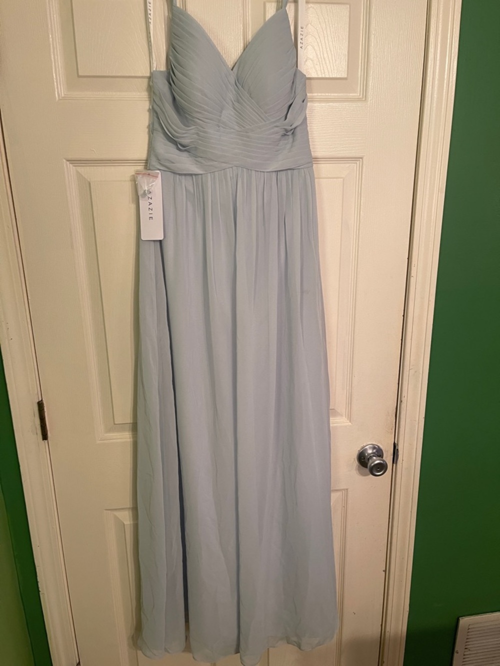 Azazie Pale Blue Chiffon Lace Bodice Gown
